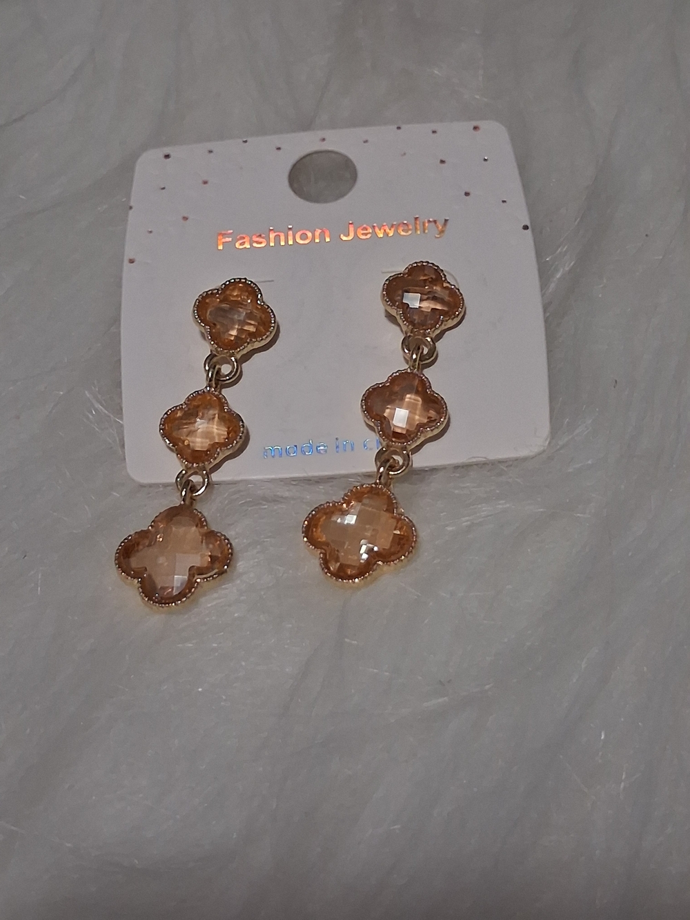 Fashion Jewelry Peach Crystal Clover Dangle Earrings